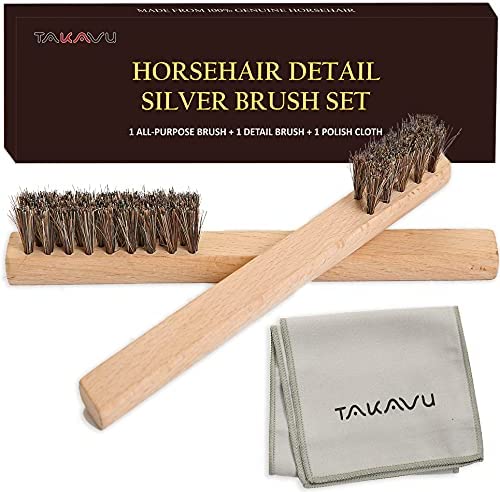 TAKAVU Horsehair Detail Brush Set, 2 Silver Polish Brushes and Polish Cloth for Detail Polish Work, Fine and Heirloom Silverware, Plateware, Jewelry