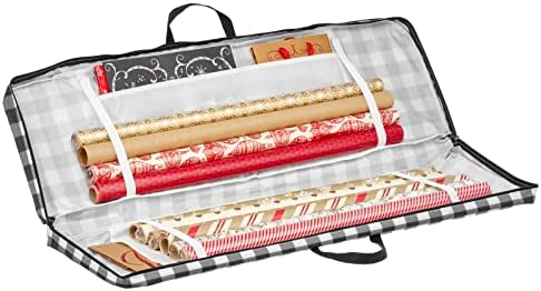 mDesign Soft Fabric Gift Wrap Storage Bag with Handles - Low Profile, Attached 2-Way Zippered Lid, Side Handles, Stores Long Rolls of Gift Wrap - Gray