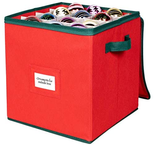 Christmas Ornament Storage Container – Heavy Duty Non-Woven Material – Fits up to 64 Ornaments 3” x 3” – Durable Holiday Xmas Ornaments Box - Adjustable Compartments to fit Many Sizes Decorations