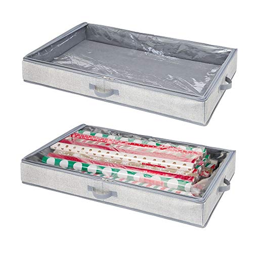 mDesign Soft Fabric Gift Wrap Storage Organizer Holder Box - Low Profile, Easy-View Clear Top Panel, Attached 2-Way Zippered Lid, Side Handles, Stores Long Rolls of Gift Wrap - 2 Pack - Gray