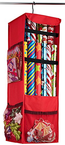 AOTUNO Premium 600D Oxford Hanging Gift Wrap Storage Fits 25 30 Rolls, Spinning Closet Wrapping Paper Organizer, 360 Degree Hook, with All Sides Mesh Pockets & Strap Loops, for Wrapping Accessories