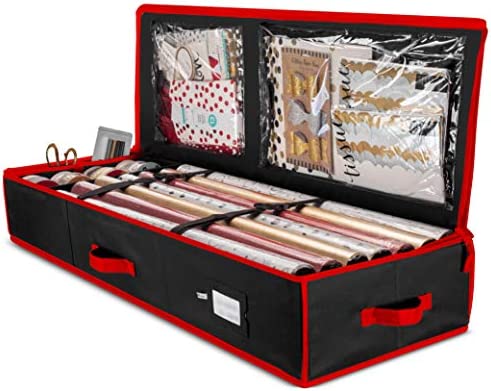 Zober Premium Wrapping Paper Storage Container, with Interior Pockets, fits 18-20 Standard Rolls, Gift Wrap Organizer and Under Bed Storage Bin for Bows, Ribbons, and Wrapping Paper, 40u201D Length - Tear-Proof Fabric - 5-Year Warranty