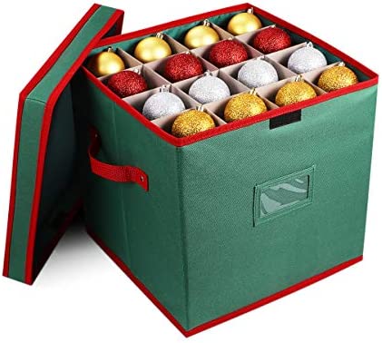 Cabilock Foldable Christmas Ornament Storage Box, Tear Proof 600D Oxford Fabric Handle Cube Lid Storage Container, Keeps 64 Holiday Ornaments, Xmas Baubles Decorations Accessories with Two Handles