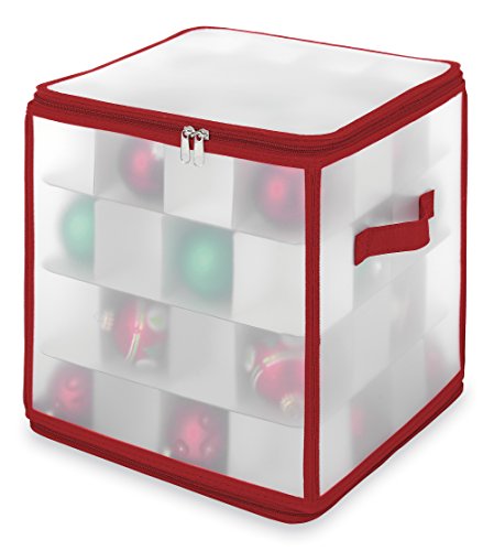 Whitmor Christmas Ornament Organizer 64 Compartment Zipper Cube, Frosted with Red Trim