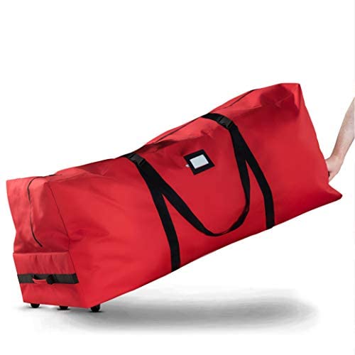 ZOBER Rolling Large Christmas Tree Storage Bag - Fits Upto 9 ft. Artificial Disassembled Trees, Durable Handles & Wheels for Easy Carrying and Transport - Tear Proof 600D Oxford Duffle Bag - Red