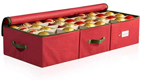 ZOBER Underbed Christmas Ornament Storage Box with Zippered Closure - Stores up to 72 Standard Christmas Ornaments 4 - Inch, and Xmas Holiday Accessories, Storage Container with Dividers