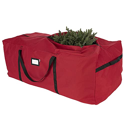 [Red Duffle Bag Tree Storage Bag] - X-Large 9 Foot Christmas Tree Storage Bag for Artificial Trees up to 9 Feet Tall - Durable 300 D Poly-Blend Fabric - ID Tag Holder | Santas Bags