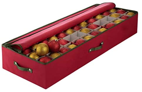 ZOBER Underbed Christmas Ornament Storage Box Zippered Closure - Stores up to 64 of The 3-inch Standard Christmas Ornaments, and Xmas Holiday Accessories Storage Container with Dividers & Two Handles