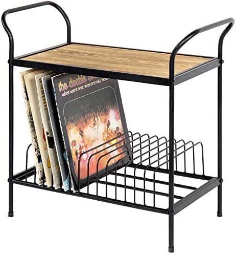 MyGift 2 Tier Black Metal Record Player Turntable Stand with Vinyl Storage, Vintage Gray Wood Top Display Shelf and 14 Slots for Record Album Sleeve Holder