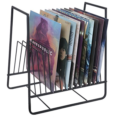 MyGift Matte Black Metal Vinyl Record Storage Holder Rack 16-Slot Display Stand Album Sleeves