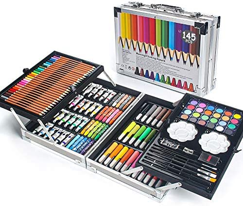 MIAOKE 145 Piece 아트 세트 Deluxe Mega 알루미늄 Box Colored 펜슬 Markers Acrylic & Watercolor Paints Oil Pastels HB Cake Sharpener Eraser Paint Brush 스케치 pad