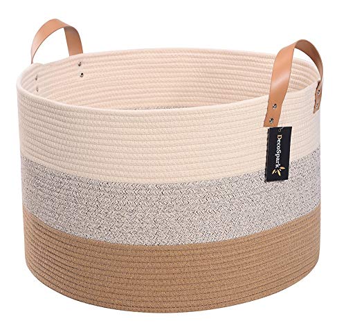 Decospark XXXL Extra Large Cotton Rope Basket For Toy And Blanket Storage | 21.7 x 13.8 | Beach Bin With Soft Long Handles | Decorative Home Organizer Ideal For Living Room, Baby Clothes And Laundry