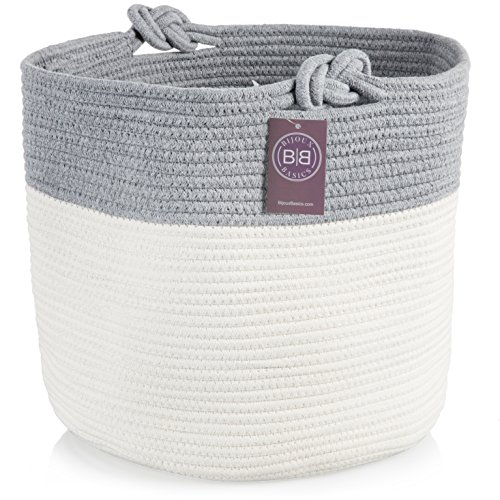 Bijoux Basics Cute Round Woven Cotton Rope Basket Handles Large Nursery Laundry Towel Diaper 어린이 토이 Storage/Organizer Baby 소년 소녀 Room 15.5 x 13