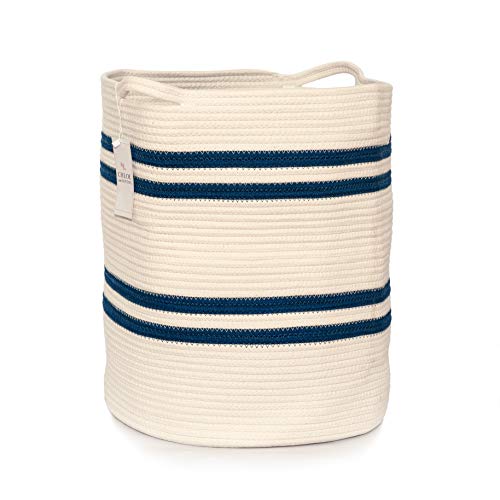 Chloe Cotton Extra Large Tall Woven Rope Storage Basket 19 x 16 inch Navy White Handles Decorative Laundry Clothes Hamper 블랭킷 Towel Baby Nursery Diaper 토이 Bin Cute Collapsible Organizer