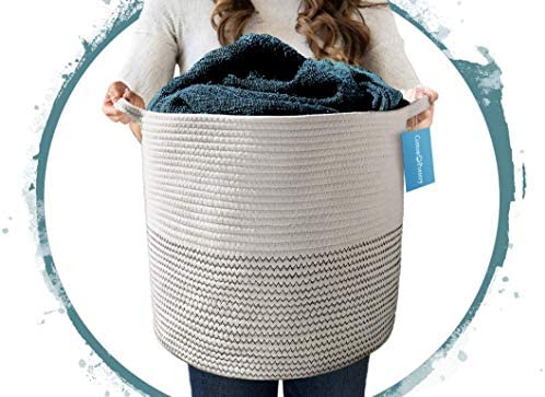Cotton Rope Basket (White) - Blanket Basket, Storage for Baby Toys, Pillows, Towels, Laundry, Nursery Hamper/Organizer - Large 17 inch x 15 inch Round Woven Baskets with Handles, Living Room Decor