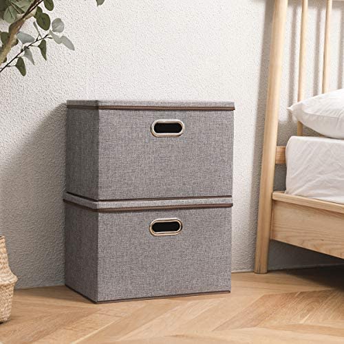 Large Foldable Storage Bin with Lid [4-Pack] Linen Fabric Decorative Storage Box Organizer Containers Basket Cube with Handles Divider for Bedroom Closet Office Living Room (17.7x11.8x11.8)