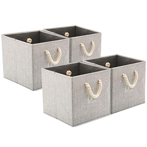 EZOWare [Set of 4] Foldable Fabric Storage Cube Bins with Cotton Rope Handle, Collapsible Resistant Basket Box Organizer for Shelves Closet Toys and More u2013 Gray 12x12x12 inch