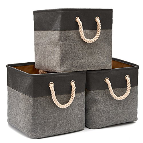 EZOWare 3-Pack Collapsible Storage Bins Basket Foldable Canvas Fabric Cubes Boxes with Handles for Kids Babies Nursery Room Toys Organizer (13 x 13 x 13 inches) - Gray and Beige