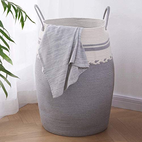 OIAHOMY Laundry Hamper Woven Cotton Rope Large Clothes 25.6" Height Tall Basket Extended Handles Storage 토이 침실 Bathroom 접이식 White Gray