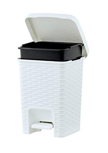 Superio Square Pedal Trash Can 7.5 Qt White - Rattan Style Compact Garbage Can for Small Spaces