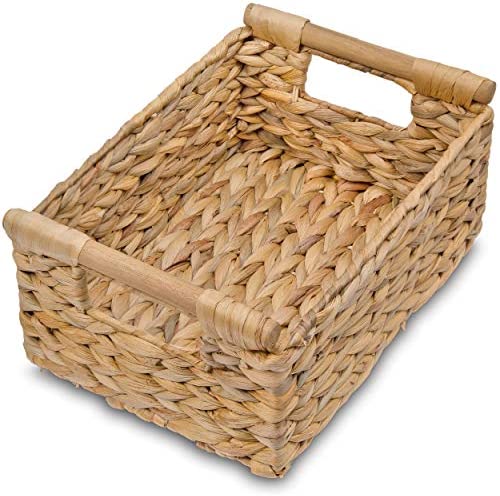 Wicker Baskets Storage Organizing Water Hyacinth Rectangular Wooden Handles Shelves Natural Basket Bins - 세트 Home Organization