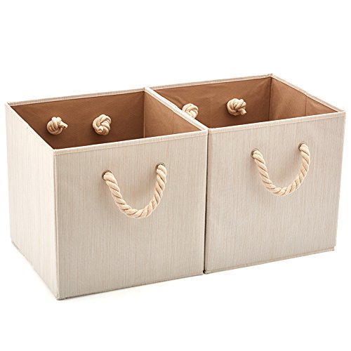 EZOWare Foldable Bamboo Fabric Storage Bin with Cotton Rope Handle, Collapsible Resistant Basket Box Organizer for Shelves, Closet, and More (Set of 2, Beige)