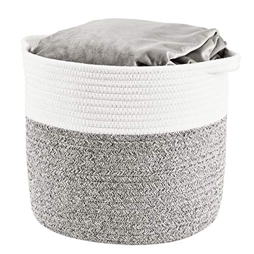 HITSLAM Woven Laundry Basket Storage Bin: 12x12x12 Rope Basket with Handle for Baby Blankets Toys as Clothes Hamper-Room Organization | White & Gray-Medium