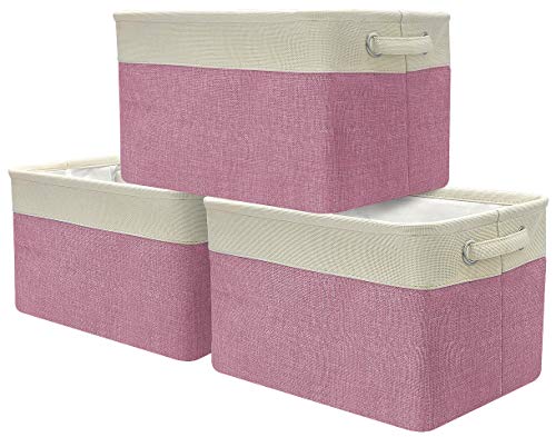 Sorbus Storage Large Basket Set [3-Pack] - Big Rectangular Fabric Collapsible Organizer Bin with Carrying Handles - for Linens, Towels, Toys, Clothes, Kids Room, Nursery - Cream White Trim - Pink