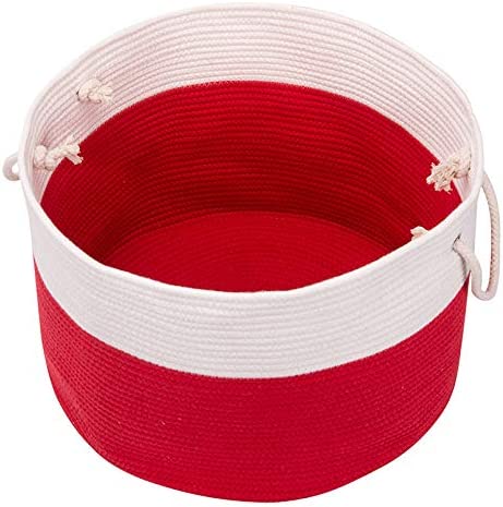 Extra Large Red-White Cotton Rope Woven Baby Laundry Basket for Blankets Toys Storage with Handle Comforter Cushions Storage Bins D 21 x H 14 (White+Red, XL)