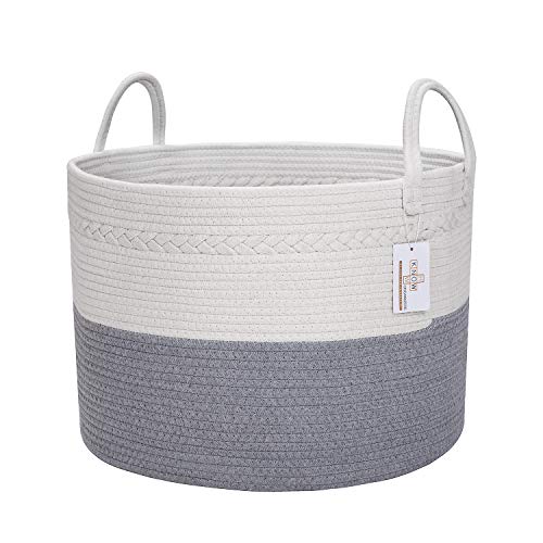 Large Cotton Rope Laundry Basket - Baby Laundry, Woven Laundry Basket, Dog Toy Basket, XXL Blanket Basket, Long Handles, Decorative Nursery Hamper | Grey White 20 x 13 Wide Extra Large
