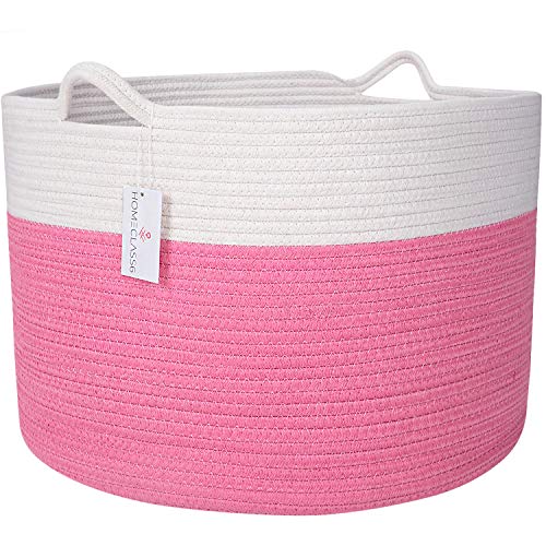 HOMECLASS6 XXL Cotton Rope Toy Storage Basket - 20 x 20 x 13.3 inch. Pink Woven Basket for Blankets, Throws, Toys, Pillows, and Baby Room. Round Blanket Basket with Handles. Pink.