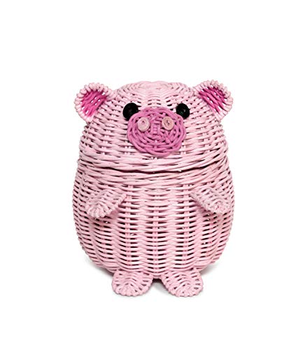 G6 컬렉션 Pig Rattan Storage Basket Lid Decorative Bin Home Decor Hand Woven Shelf Organizer Cute Handmade Handcrafted Nursery 선물 Animal Decoration Artwork Wicker Pink Piggy Large