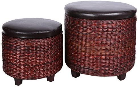Eshow Ottoman Rattan Storage Hassocks Ottomans Foot Rest Pouf Stools Cube Decoration Furniture 가죽 Seating Bench Tray 2-Piece,Brown