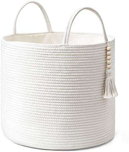 Mkono Woven Storage Basket Decorative Natural Rope Basket Wooden Bead Decoration for Blankets,Toys,Clothes,Shoes,Plant Organizer Bin with Handles Living Room Home Decor, Jute, 16 W × 13.8L