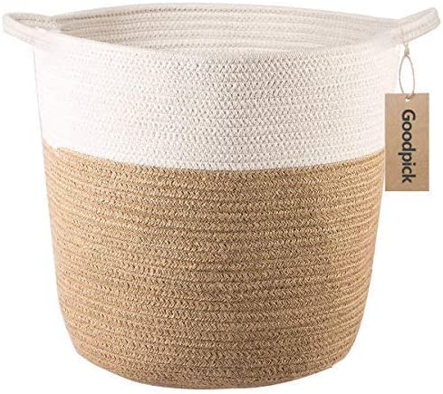 Goodpick Wicker Storage Basket, Baby Nursery Hamper with Handles, Woven Basket for Blankets, Toys, Shoe, Large Jute Basket for Living Room, Kids Room, 15.8 D x 12.6 H inches
