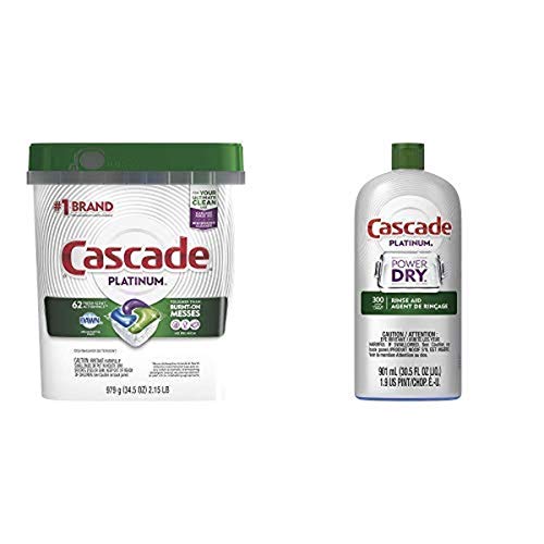 Cascade Platinum ActionPacs Dishwasher Detergent, Fresh, 62 Count per Pack, 34.5 Ounce with Cascade Platinum Rinse Aid, 901 ml, Regular Scent