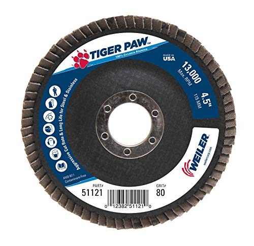 Weiler 51121 Tiger Paw High Performance Abrasive Flap Disc<!-- @ 15 @ --> Type 29 Angled Style<!-- @ 15 @ --> Phenolic Backing<!-- @ 15 @ --> Zirconia Alumina, 4-1/2 Diameter, 7/8 Arbor, 80 Grit, 13000 RPM (Pack of 10) by Weiler