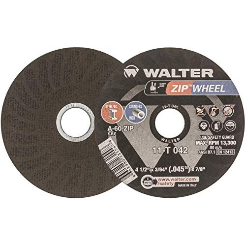 Walter ZIP Wheel High Performance Cutoff Wheel<!-- @ 15 @ --> Type 1, Round Hole<!-- @ 15 @ --> Aluminum Oxide, 4-1/2 Diameter, 3/64 Thick, 7/8 Arbor<!-- @ 15 @ --> Grit A-60-ZIP (Pack of 25) by Walter Surface Technologies