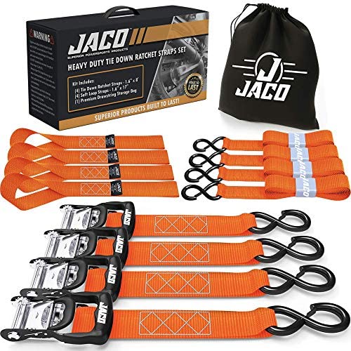 JACO 라쳇(ratchet) 타이 다운 스트랩 - 1.6인치 x 8피트 | 고내구 타이 다운 키트 소프트 룹 부착 (블랙)