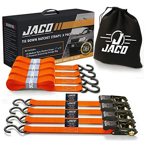 JACO 라쳇(ratchet) 타이 다운 스트랩 (4팩) - 1인치 x 15피트 | AAR인정 파단 강도(1.8파운드) | 카고 타이 다운 세트 유틸리티 라쳇(ratchet) 스트랩 (4) 번들 스트랩 과 악세사리(블랙)