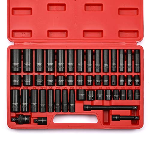 CASOMAN 3/8인치 드라이브 임팩트 소켓 세트 48피스 표준SAE및 메트릭 사이즈 (5/16인치부터 3/4인치와 8-22mm) 6포인트 Cr-V스틸 소켓 세트