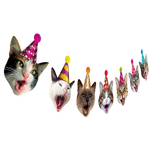 Birthday Cat Garland<!-- @ 15 @ --> Photographic Cat Faces Birthday Banner<!-- @ 15 @ --> Kitties Bday Party Bunting Decoration