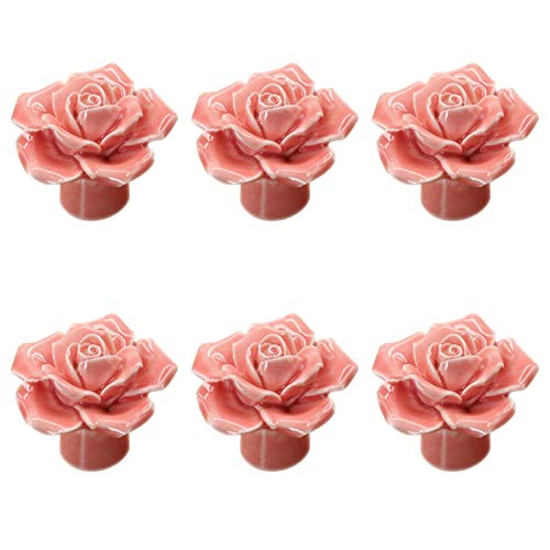 Joyindecor Ceramic Rose Cabinet Knobs, Vintage Kitchen Flower Drawer Pull Handles for Girl Room Dresser Cupboard Wardrobe with 2 Size Screws, 6 Pack (Pink)
