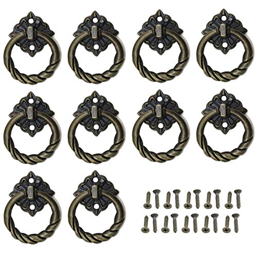 LICTOP 10 Pack Vintage Knob Cabinet Cupboard Drawer Pull Handle Knob Ring Single Hole Decorative Hardware with Screws (Bronze)
