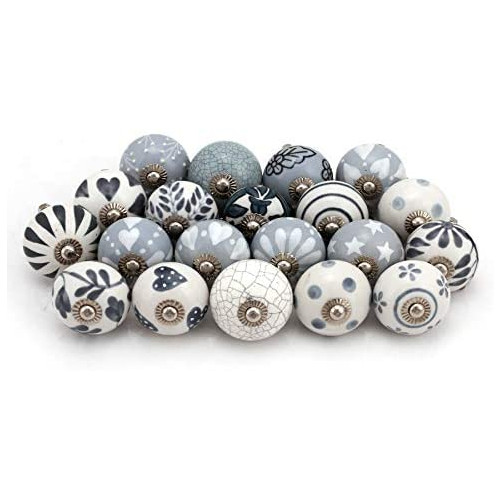 Countryside Assorted Ceramic Knobs - Grey & White Cream Mix Designed Rare Hand Painted Cabinet Drawer Pulls Door Handle Home Decor Hardware - Pack of 20 Pcs