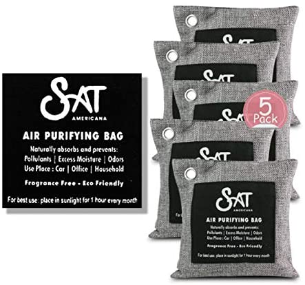Charcoal Bags Odor Absorber- Activated Charcoal Air Purifying Bag - Charcoal Bags for Mold and Mildew- Charcoal Bags for Home, Shoe, Pets, Car - Bamboo Charcoal Bags with Hook Rings- 5 x 200 gm