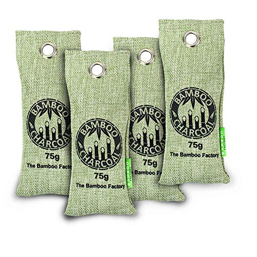 The Bamboo Factory, Activated Bamboo Charcoal Air Purifying Bags - All-Natural Home Deodorizer, Fragrance Free Odor Absorber for Car & Pet, Air Freshener Bags, 4 x 75g