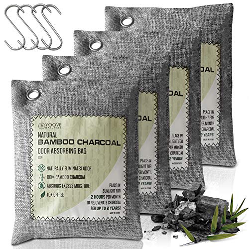 Bamboo Charcoal Air Purifying Bag | Powerful Odor Absorber for Home, Car & Commerical Use (Kids & Pet Friendly) | 4 Bags of 200G Activated Charcoal (Grey)