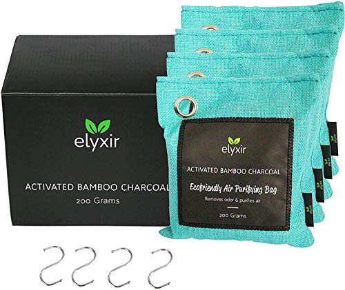 ELYXIR Charcoal Air Purifying Bag (Pack of 4) w/ 4 Hooks| 100% Natural Activated Charcoal| Bamboo Air Purifier & Odor Absorber| Air Freshener & Deodorizer for Home, Closet, Bathroom & Car (4x200g)