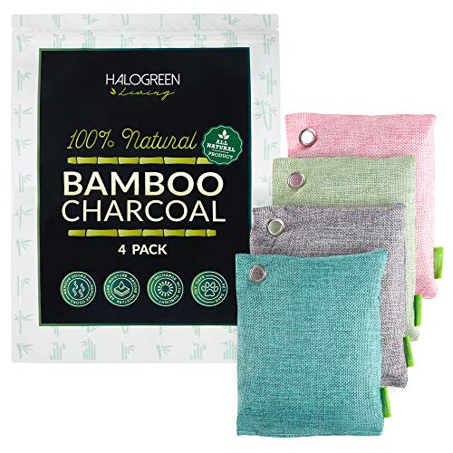 HALOGREEN LIVING Activated Bamboo Charcoal Air Purifying Bag, 4 Pack - Nature Fresh Air Purifier Bags to Absorb Odors and Excessive Moistures - Premium Charcoal Air Freshener, House Deodorizer